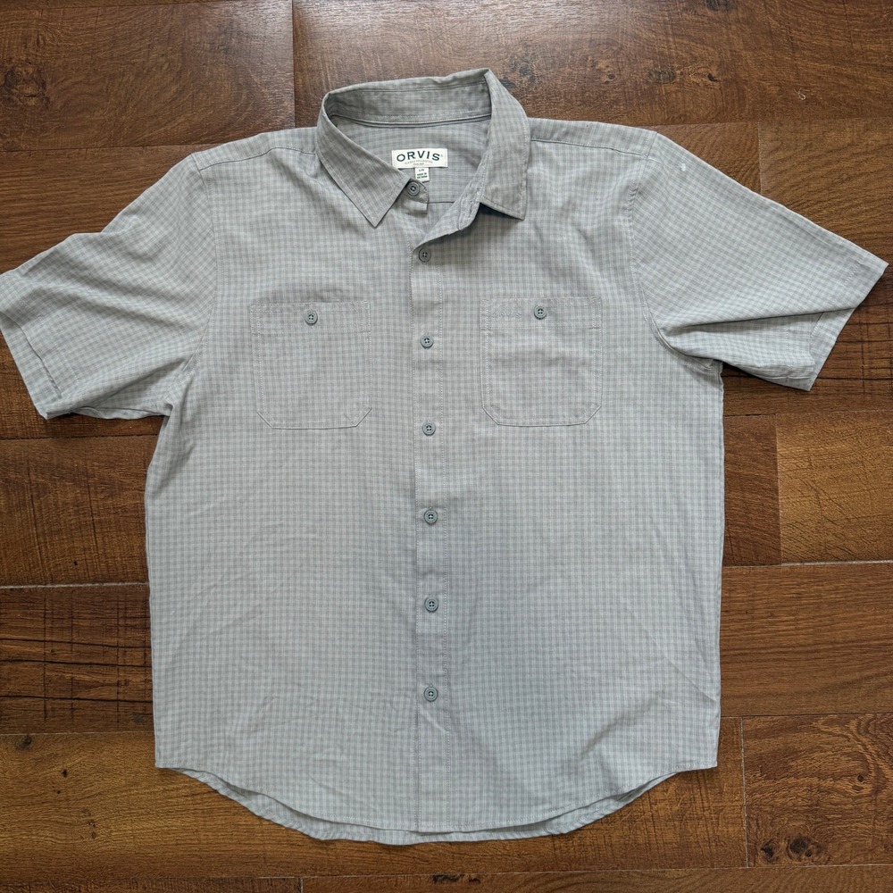 Orvis Button Down Shirt Mens Large Grey Micro Plaid Short Sleeve Outdoor Pocket - Picture 1 of 6